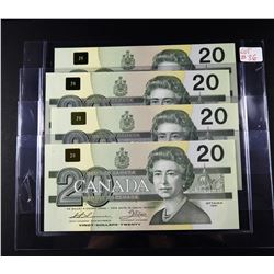 Lot of 4 $20 Consecutive Serial Number 1991 Canadian Banknotes UNC ($80 FV)