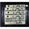 Image 1 : Lot of 4 $20 Consecutive Serial Number 1991 Canadian Banknotes UNC ($80 FV)