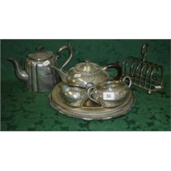 Pewter three piece teaset comprising teapot milk and sugar plus a plated toast rack and teapot