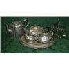 Image 1 : Pewter three piece teaset comprising teapot milk and sugar plus a plated toast rack and teapot