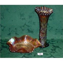 Two pieces of Carnival glass bowl plus vase height 10"
