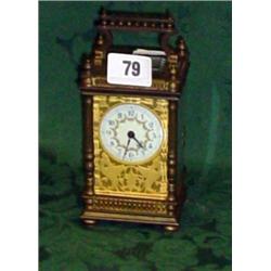 19c brass carriage clock with bevelled glass panels and decorative enamel dial