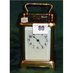 19c brass carriage clock Paris maker with bevelled glass panels and enamel dial