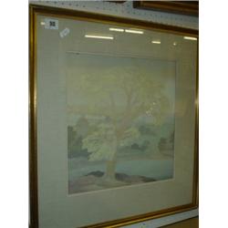 Trees by a river gouache 13" x 13" square by Olive Deekes together with two other paintings