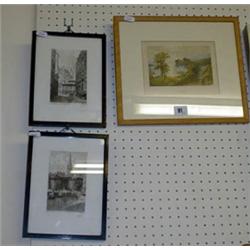 Two small signed etchings of St Malo signed Rebry together with a continental landscape print