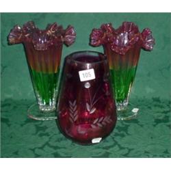 Pair of pink and green fluted glass vases plus an etched cranberry glass vase