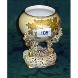 Royal Worcester blush ware centre piece three legs on pierced base with gilded flowers