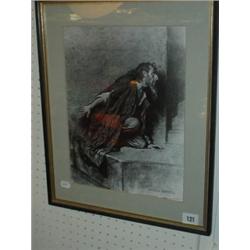 Glazed and framed charcoal drawing of Ron Moody as Fagin signed Charles Buchell