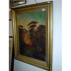 19c framed oil on board of stags in a forest