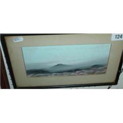 Small glazed and framed watercolour of mist across a moorland indistinctly signed