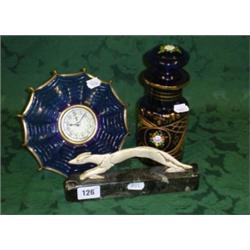 Clock with enamelled face in glass frame in the form of umbrella plus a blue glass decorative toilet