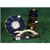 Image 1 : Clock with enamelled face in glass frame in the form of umbrella plus a blue glass decorative toilet