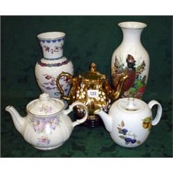 Three decorative china teapots plus 2 tall ceramic vases