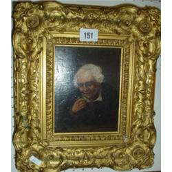 Two small 19c oil on board of old lady and gent in heavy gilded frames 5" x 6.5"
