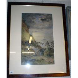 Glazed and framed watercolours of cottages and harbour signed Walter