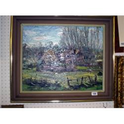 Framed oil on board of cottages at Stamford Dingley circa 1950 by Frank Ormrod