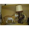 Image 1 : Large ceramic model of a tiger plus a carved African lamp and drum