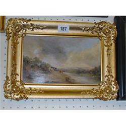 Oil on panel  in gilded frame of cattle grazing near river
