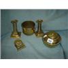 Image 1 : Small collection of brass items including pair of candlesticks