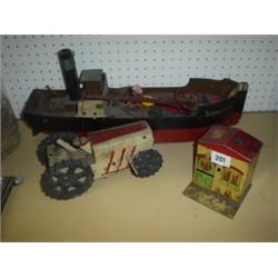 Antique toy wooden boat plus antique toy tractor and tinplate house (playworn)