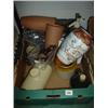 Image 1 : Box of miscellaneous items: stone water bottle, syphon, etc.