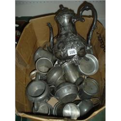 Box of pewter tankards, various sizes, etc.