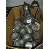 Image 1 : Box of pewter tankards, various sizes, etc.