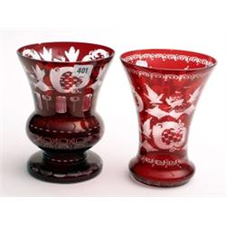 Bohemian ruby glass vase facet cut and acid etched together with another similar both approx 8.5" hi