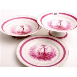 Set of 19c French dessert tableware comprising six plates and three comports, hand decorated in puce