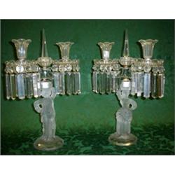 A pair of twin branch glass candle table lustre's the columns moulded as a girl and a boy with cut g