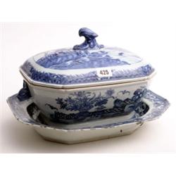 19c Chinese blue & white export tureen  and cover ferryman pattern 10" x 12" together with a similar
