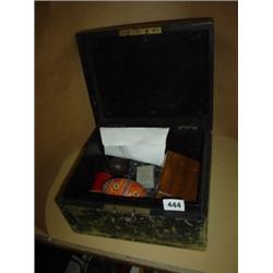 Old leather bound stationery box with two other boxes and miscellaneous items