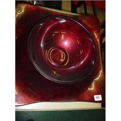Large mottled red glass salad bowl and stand in the style of Monart base 17" x 17" bowl 12" diameter