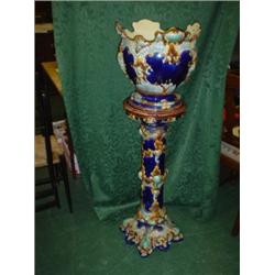 19c Majolica jardiniere on stand after Doulton (the first item ever on "The Antique Road Show") 50" 