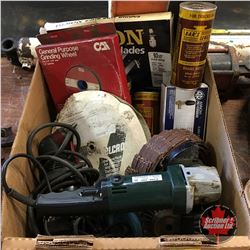 Box Lot: Grinder, Drill, Pressure Washer Valve, Bars Leaks, Grinding Wheels, etc