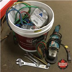 Pail Lot: Tie Downs, Bungee Cords, Rope, Wire, Makita Angle Grinder, etc
