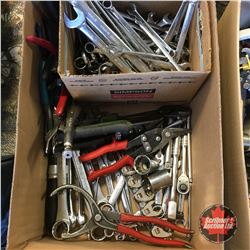 Box Lot: Wrenches, Ratchets, Tin Snips, Vise Grips, Pliers, etc