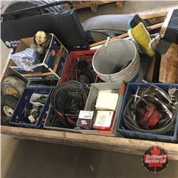 Crate Lot: Large Variety Auto Parts, Banding Filters, Hooks, Clevis, Brooms, Belting, etc