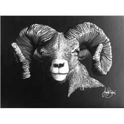"Mountain "Monarch" Bighorn Sheep Original White Charcoal Art