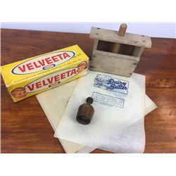 Butter lot w/ press, stamp, paper & cheese box