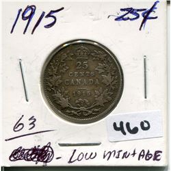 1915 CNDN SILVER QUARTER, LOW MINTAGE
