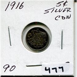 1916 CNDN SMALL SILVER 5 CENT PC