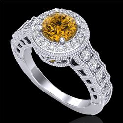 1.53 CTW Intense Fancy Yellow Diamond Engagement Art Deco Ring 18K White Gold - REF-263W6F - 37651