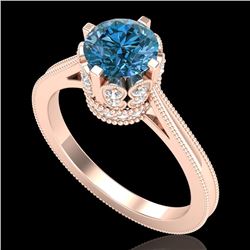 1.5 CTW Fancy Intense Blue Diamond Engagement Art Deco Ring 18K Rose Gold - REF-209A3X - 37349