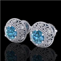 1.31 CTW Fancy Intense Blue Diamond Art Deco Stud Earrings 18K White Gold - REF-149A3X - 37558