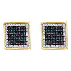 0.33 CTW Mens Blue Color Diamond Square Cluster Earrings 10KT Yellow Gold - REF-18X2Y