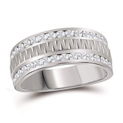 1 CTW Mens Channel-set Diamond Grecco Textured Double Row Ring 14KT White Gold - REF-132M2H