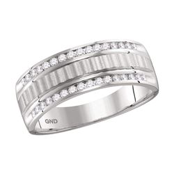 0.33 CTW Mens Channel-set Diamond Textured Wedding Ring 14KT White Gold - REF-64W4K