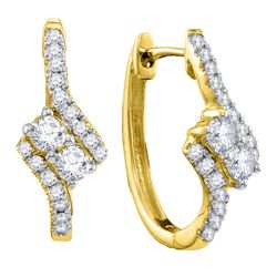 0.50 CTW Diamond 2-stone Hearts Together Bypass Hoop Earrings 14KT Yellow Gold - REF-52X4Y