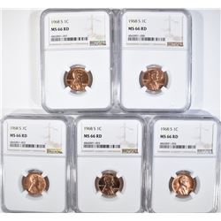 (5) 1968-S LINCOLN CENTS NGC MS66RD